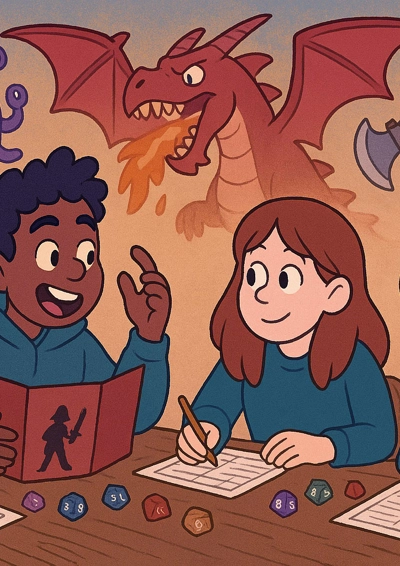 Unge som spiller Dungeons and dragons omkring et bord.